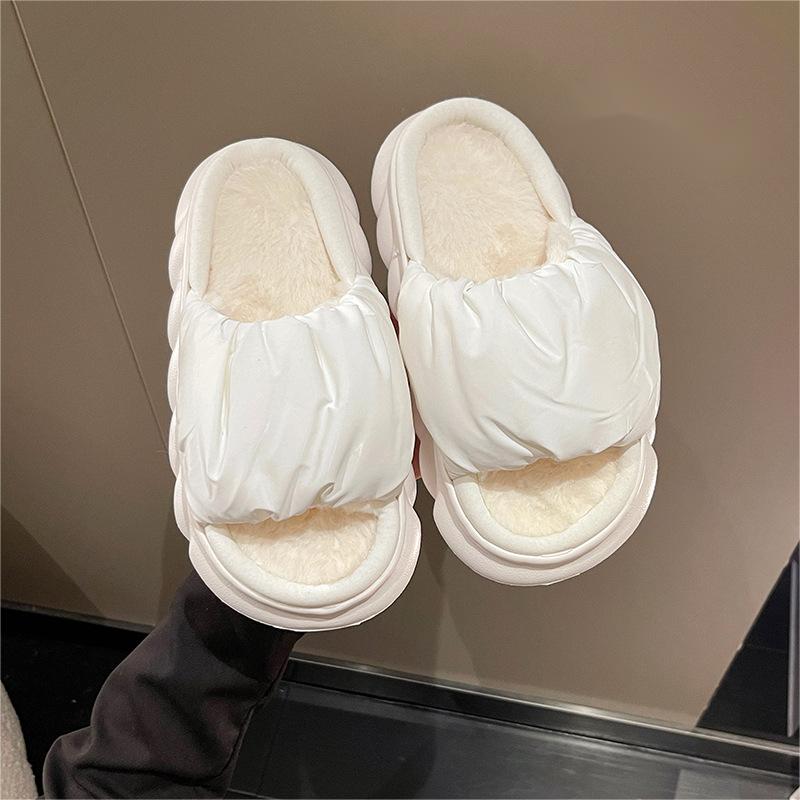 Warm Woolen Cotton Slippers for Women with Thick Sole