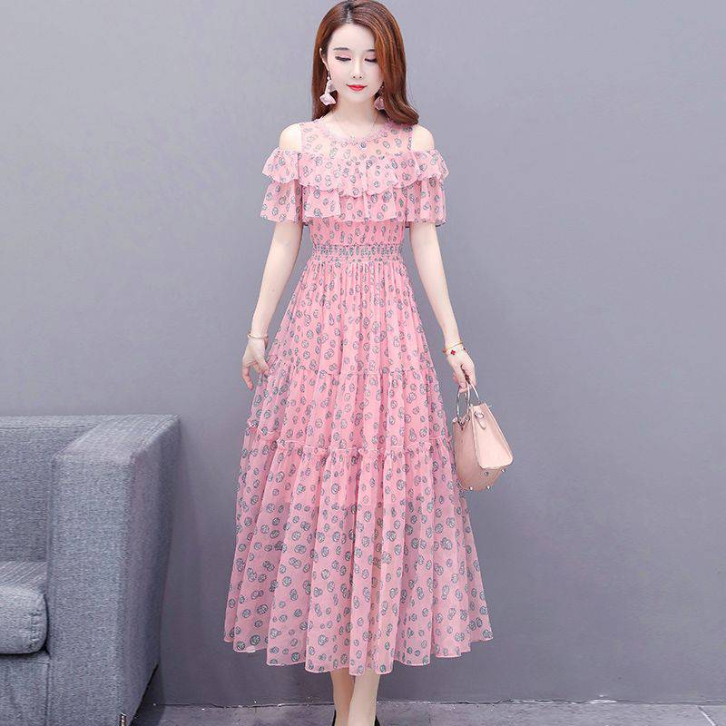 Floral Chiffon Off-Shoulder Dress for Women