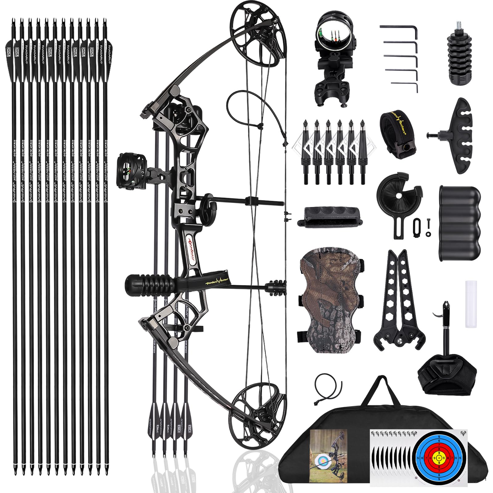 PANDARUS Archery Ready to Hunt Compound Bow Package for Adults and Teens25"-31" Draw Length0-70 Lbs Adjustableup to 320 fpsMade in USALightweight Design2025 New(Black Right Handed Pro)