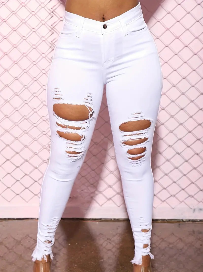 High Waisted Ripped Skinny Jeans with Raw Hem