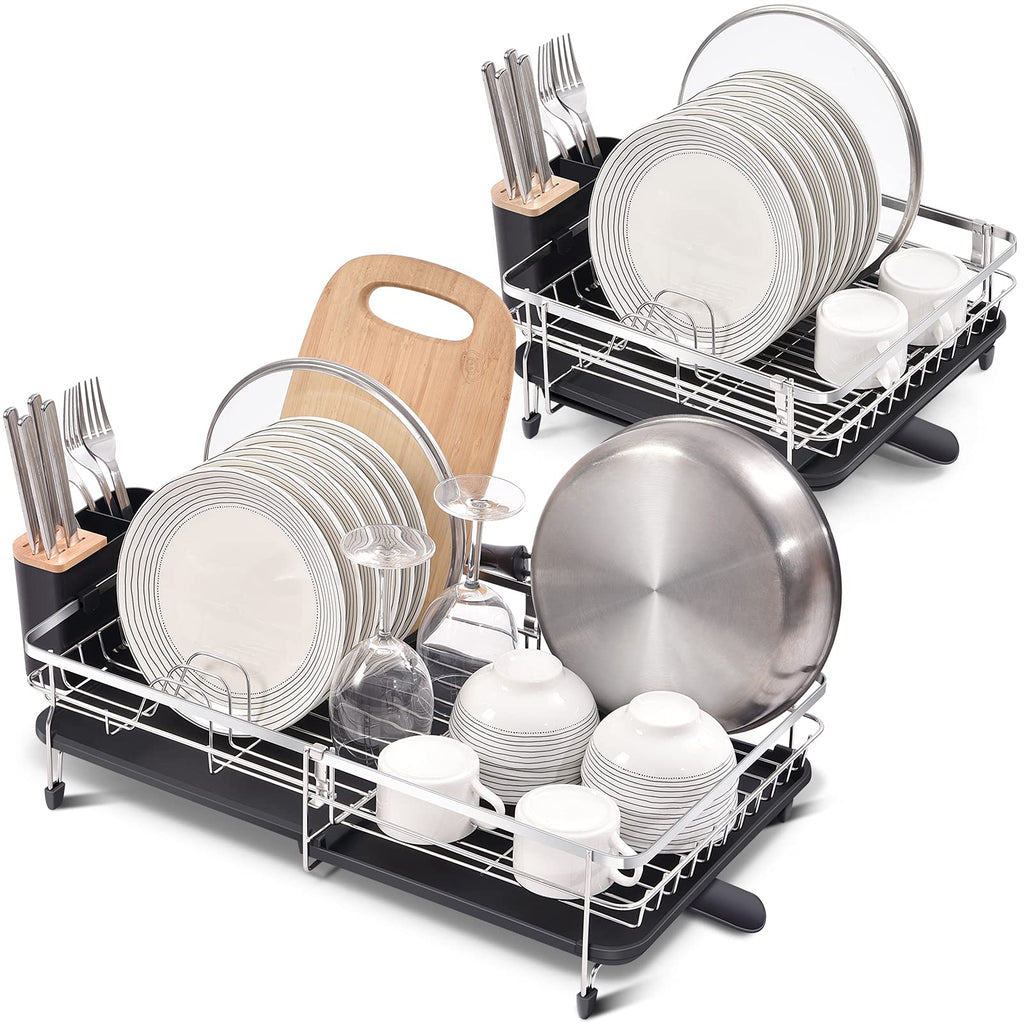 TOOLF Expandable Dish Drainer Rack Adjustable 304 Stainless Steel Dish Rack Foldable Dish Drying Rack with Removable Cutlery Holder Swivel Drainage Spout Anti-Rust Plate Rack for Kitchen 1 Piece