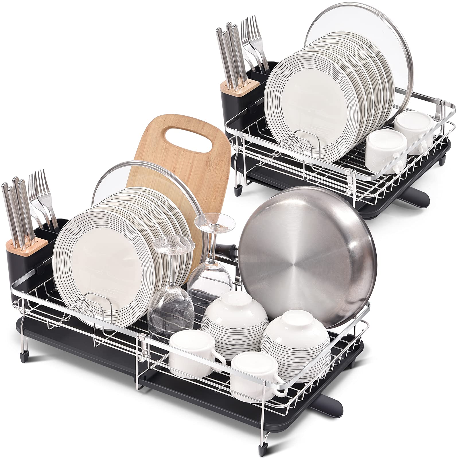 TOOLF Expandable Dish Drainer Rack Adjustable 304 Stainless Steel Dish Rack Foldable Dish Drying Rack with Removable Cutlery Holder Swivel Drainage Spout Anti-Rust Plate Rack for Kitchen 1 Piece
