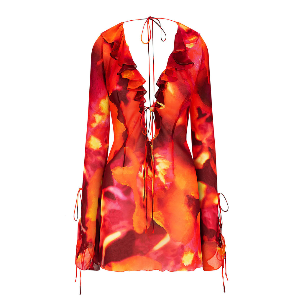 Dyed Tie Dress with Deep V and Long Sleeves