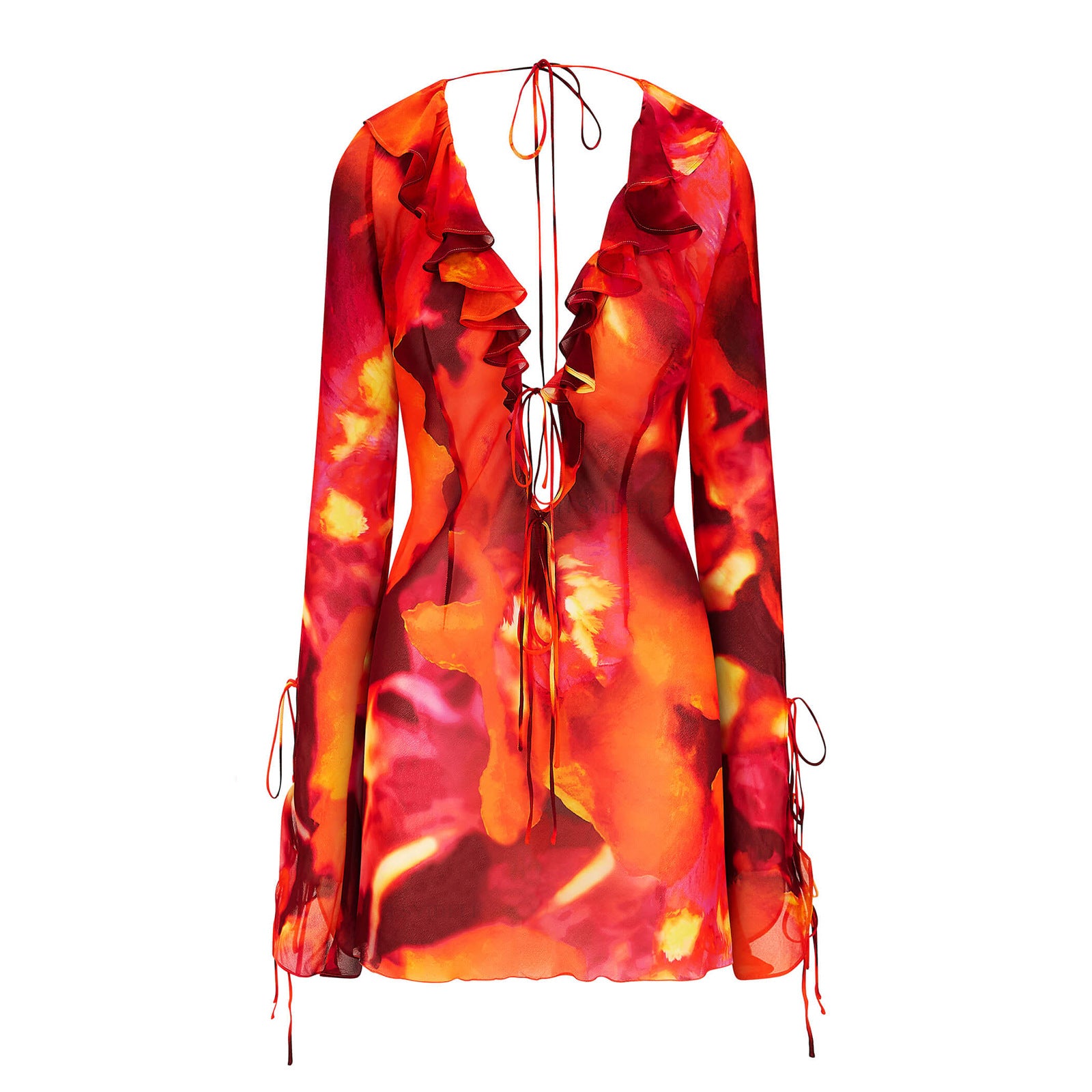 Dyed Tie Dress with Deep V and Long Sleeves