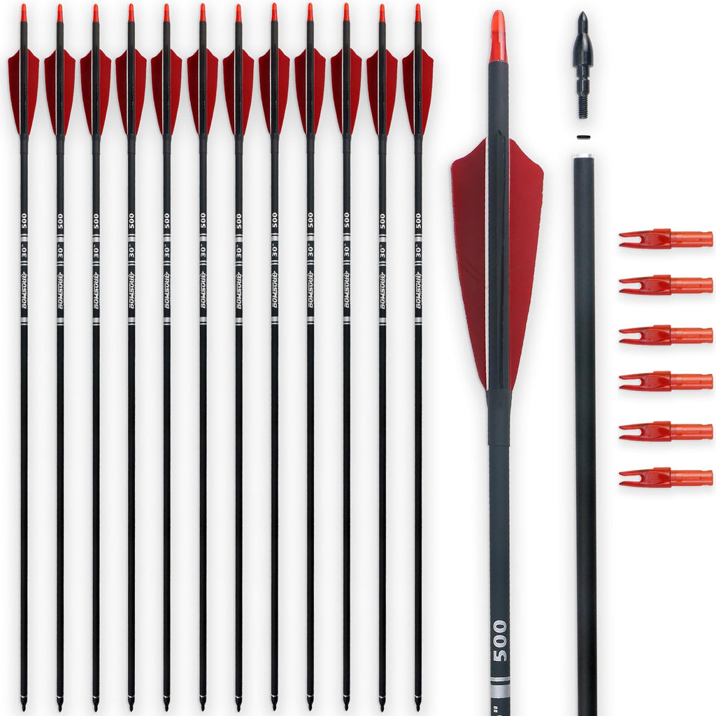 BOWSOUL 30inch Hunting Carbon Archery Arrows with 4" Natural Turkey Feathers Spine 500 for Recurve & Long Bow (Pack of 12) (Black Red)