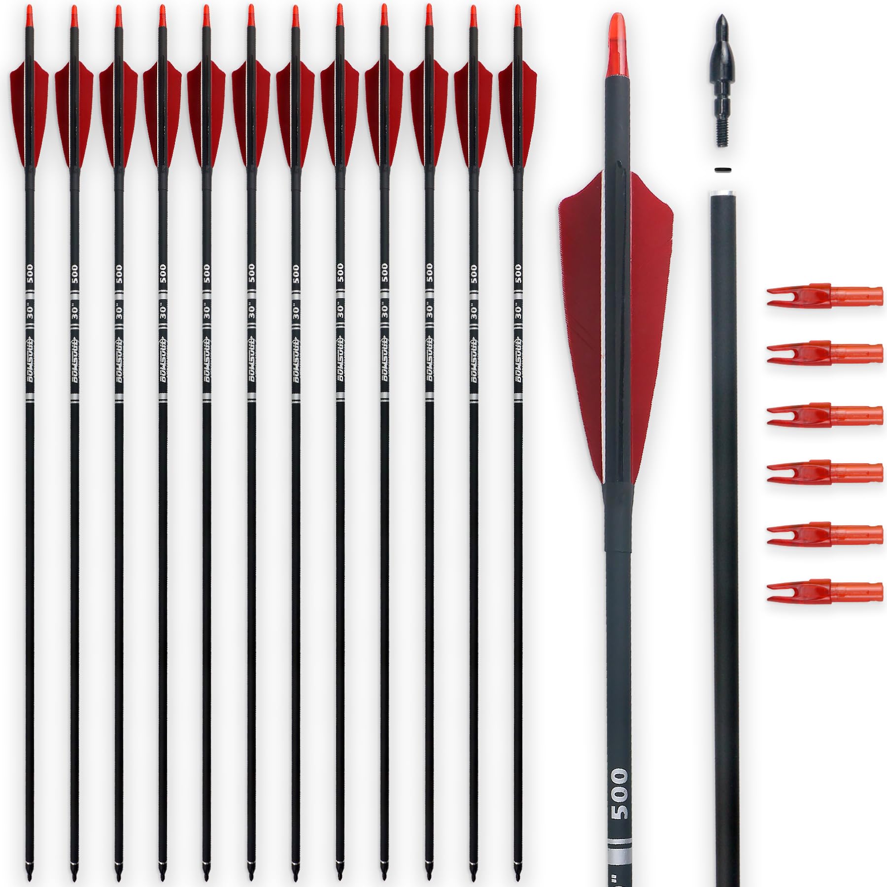 BOWSOUL 30inch Hunting Carbon Archery Arrows with 4" Natural Turkey Feathers Spine 500 for Recurve & Long Bow (Pack of 12) (Black Red)