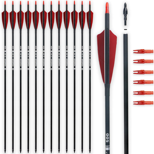BOWSOUL 30inch Hunting Carbon Archery Arrows with 4" Natural Turkey Feathers Spine 500 for Recurve & Long Bow (Pack of 12) (Black Red)