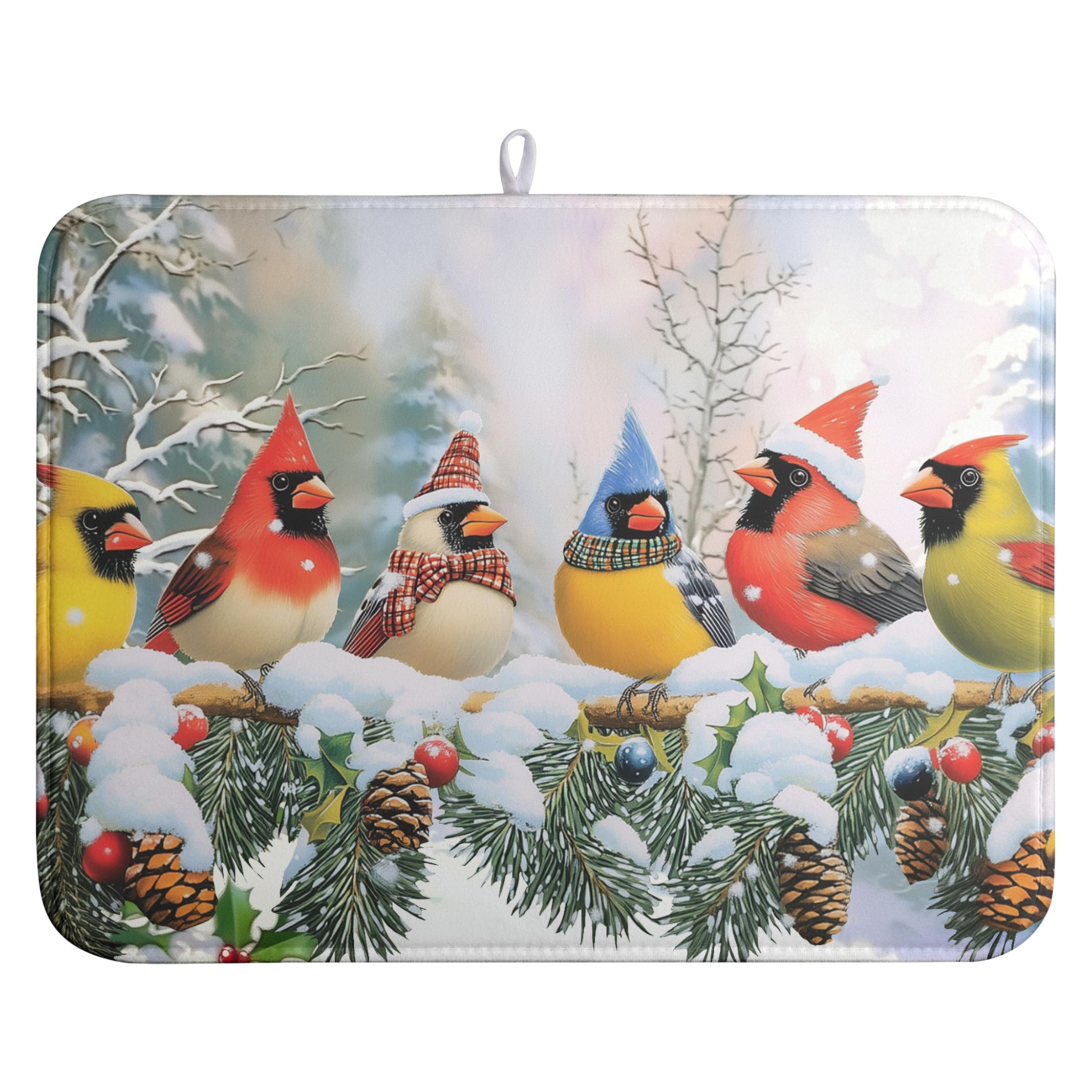 Winter Dish Drying Mat Cardinal Birds Kitchen Dish Drying Pad Snowflake Dish Dryer Mat for Kitchen Countertops Microfiber Dishes Drainer Pad Absorbent Dish Drying Rack Mat (18x24 in)