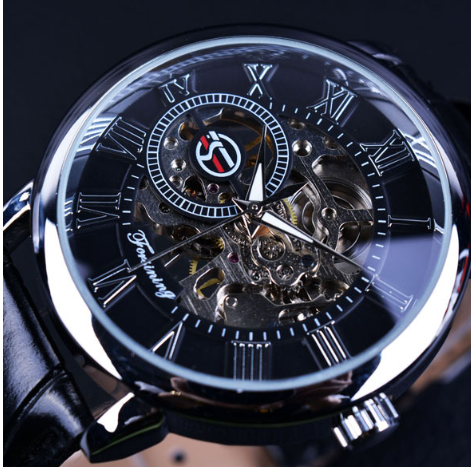 Hollow Design Manual Mechanical Watch with Leather Strap