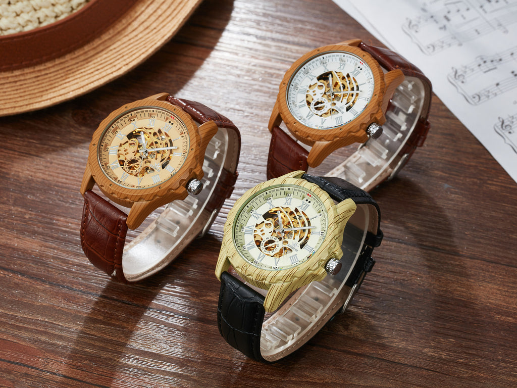 Wooden Case Automatic Mechanical Watch with Leather Strap