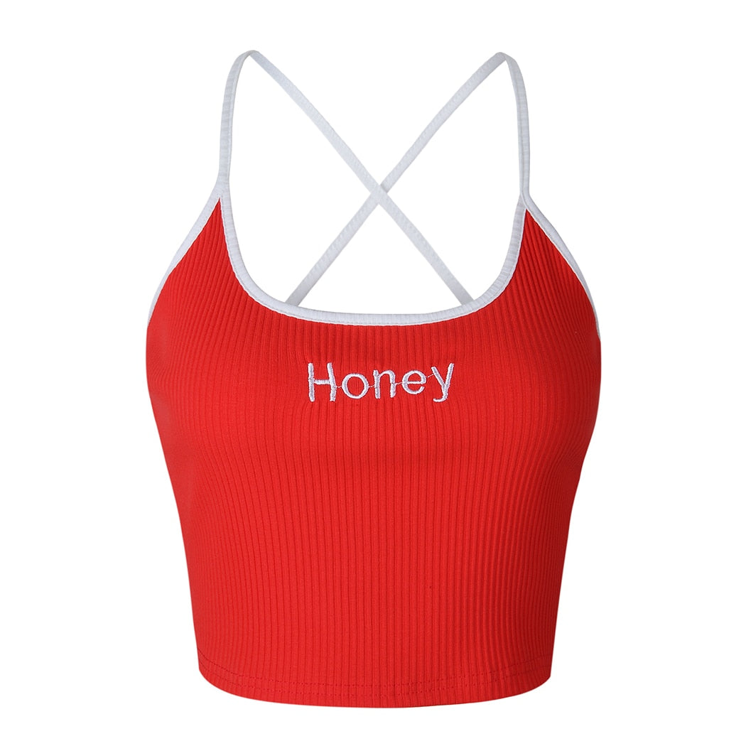 Letter Embroidered Crop Top with Spaghetti Straps