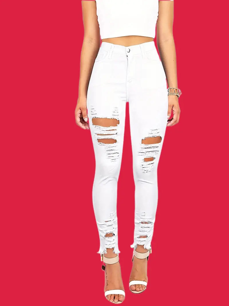High Waisted Ripped Skinny Jeans with Raw Hem