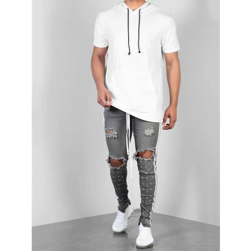 Ripped Denim Jeans with Zipper Detail and Knee Holes