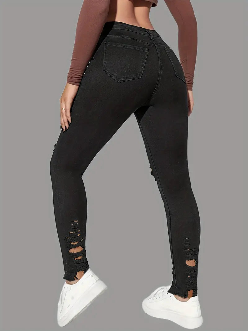 Black Ripped High Waist Skinny Jeans with Slash Pockets