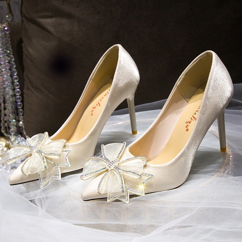Women's White Pointed Stiletto Bowknot High Heels