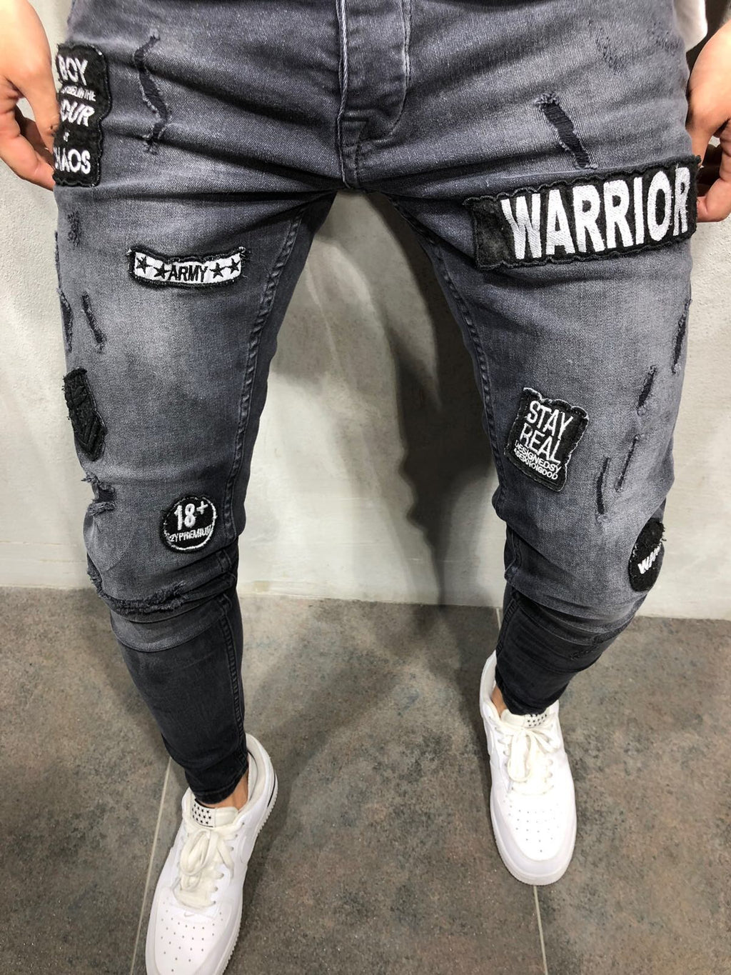 Men's Slim Fit Black Distressed Jeans with Patches