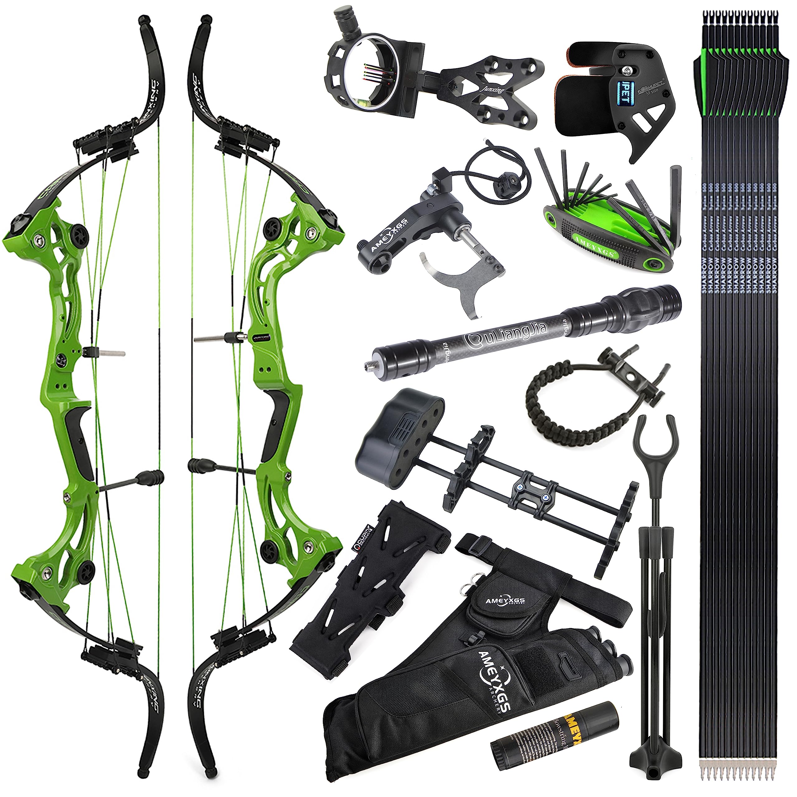 ZSHJGJR Recurve Bow American Hunting Bow 320FPS Draw Weight 40-55lbs Adjustable Compound Bow Right Hand for Archery Hunting Fishing Shooting (Green Bow Set)