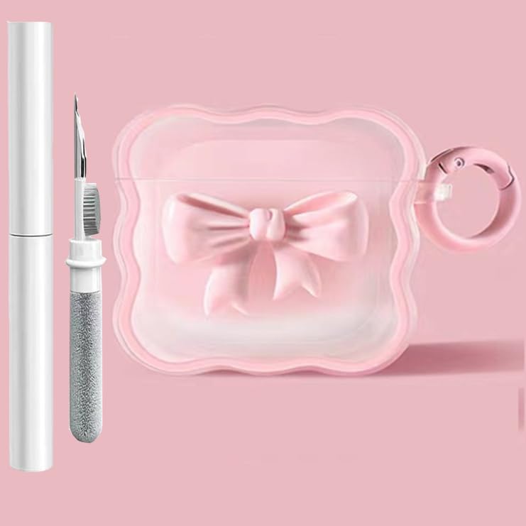 Jiarusig Compatible with Airpods Pro 2nd/1st Generation Case with Cleaner Kit Pink Clear TPU 3D Bow Airpod pro 2 Cover Shockproof Airpods pro 2 Protective Case for AirPod pro 1st/2nd(2023/2022/2019)