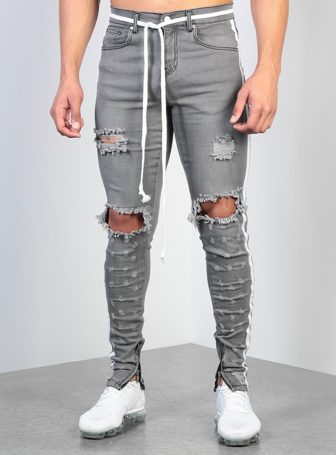 Men's Cross Knee Ripped Zipper Jeans