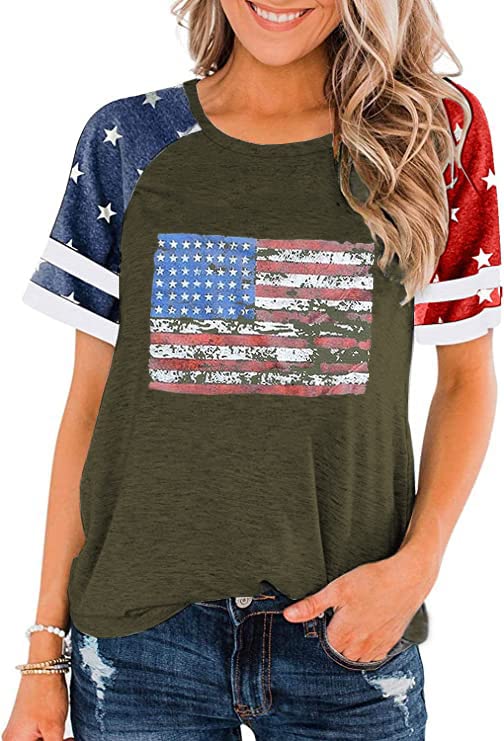 American Flag Shirts for Women 4th of July Patriotic Shirt Graphic Blouse USA Flag Tops Summer Tee(SmallArmy-green02)