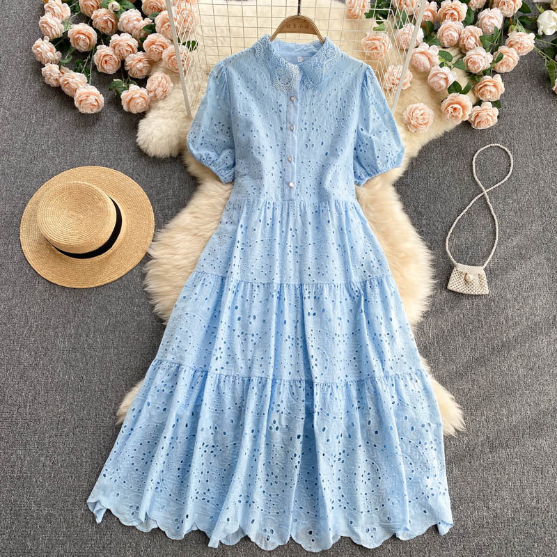 Bohemian Summer Dress with Hollow Embroidery and Puff Sleeves