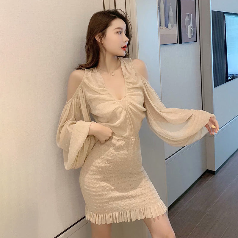 Off-Shoulder Long Sleeve V-Neck Bodycon Dress