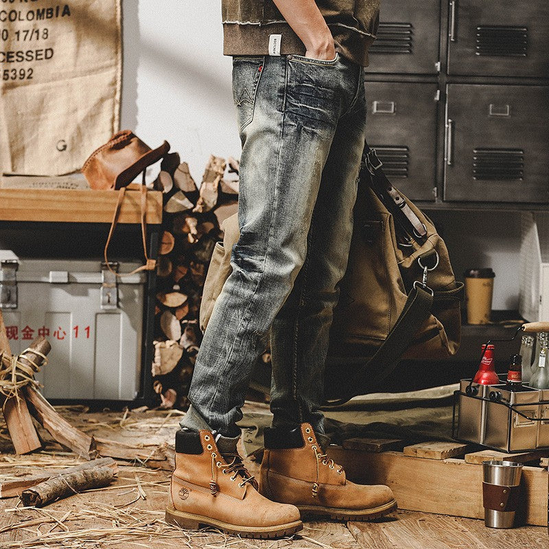 Vintage Distressed Slim Fit Denim Jeans (Retro Style)