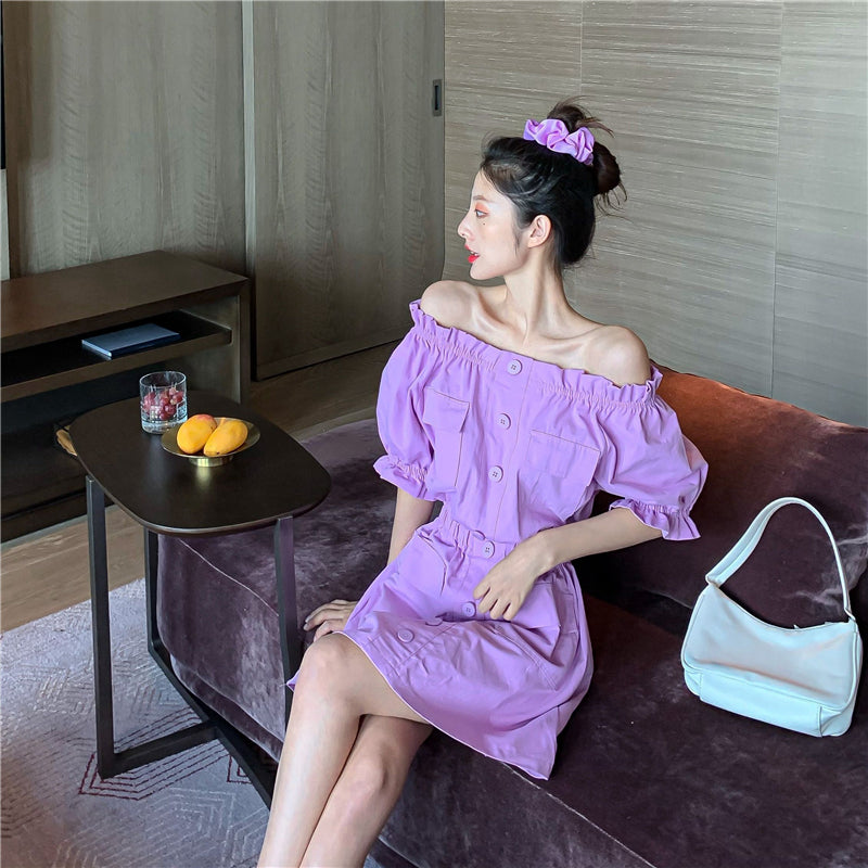 French Style Off-Shoulder Puff Sleeve Dress for Women