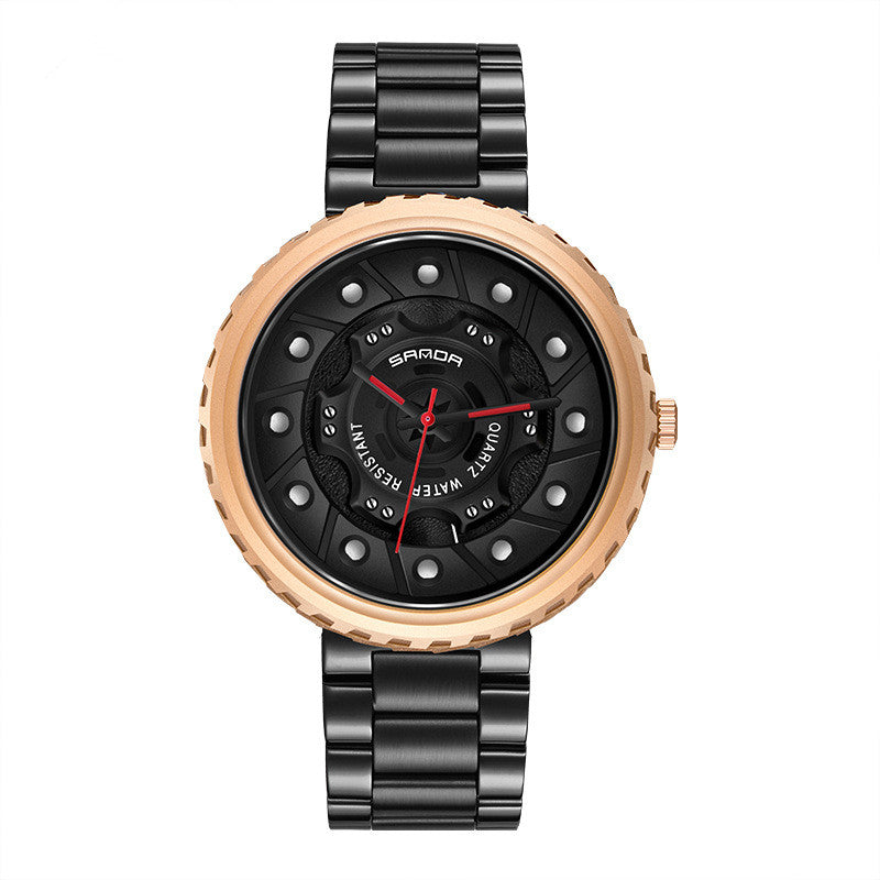 Men's Steel Band Quartz Watch with Hollow Dial Design