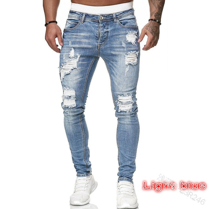 Men's Ripped Knee Zipper Slim Fit Jeans (Cross-Border)