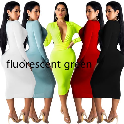 Fashion Deep V Neck Long Sleeve Hip Dress