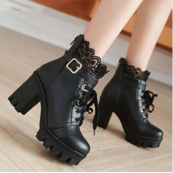 Lace Trim Waterproof Platform Chunky Heel Women's Boots
