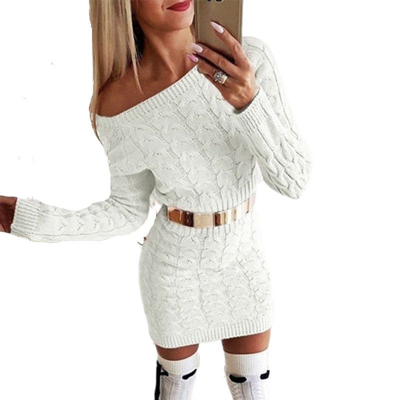 Off-Shoulder Knit Dress with Fluo Color Cable Design