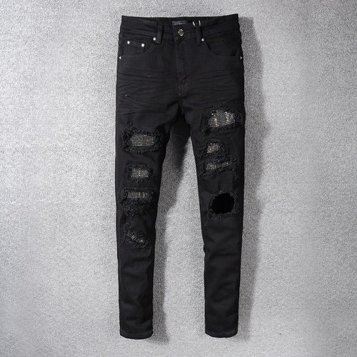 AMIRI Men's Black Slim Fit Distressed Jeans with Patches
