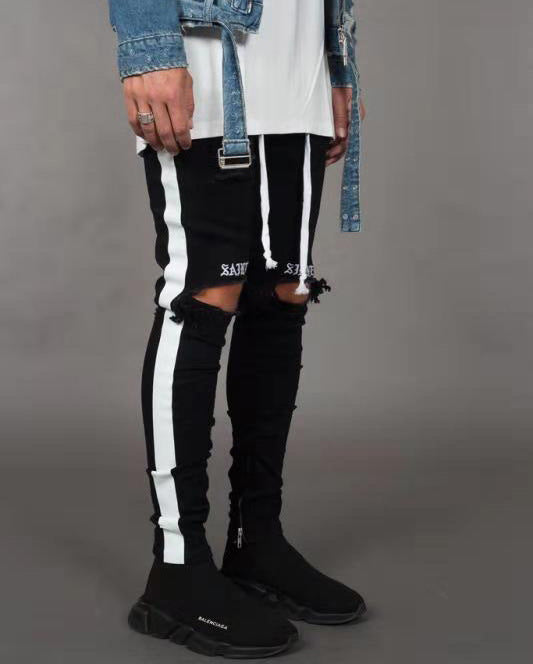 Men's Distressed Slim Fit Jeans with Side Stripes