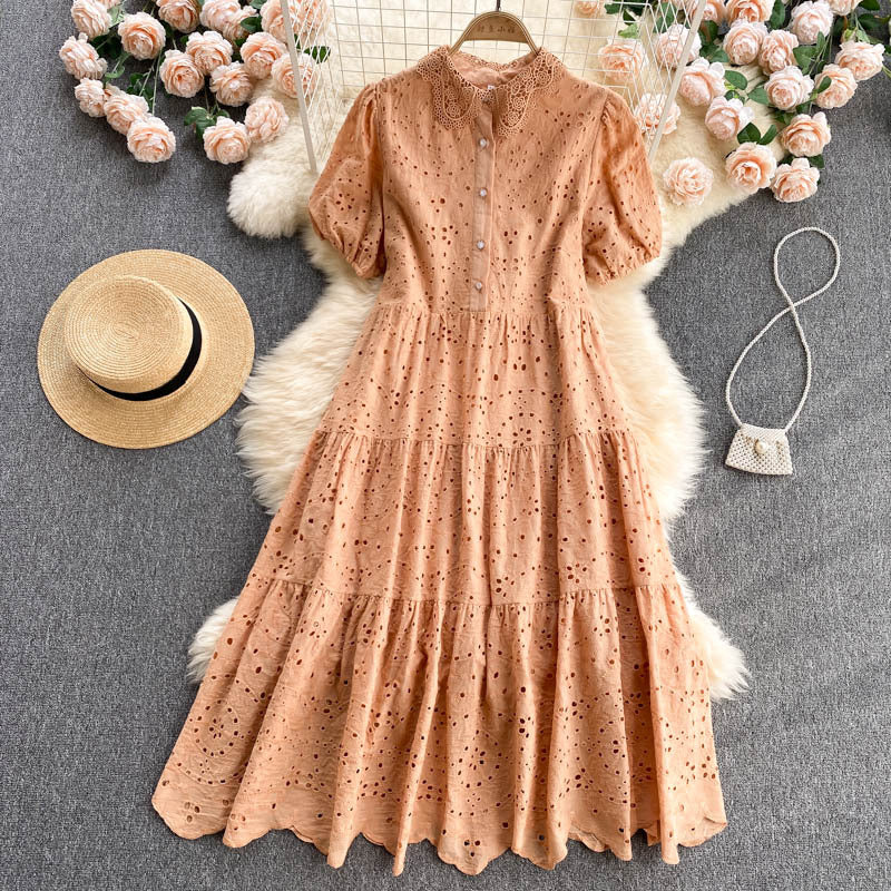 Bohemian Summer Dress with Hollow Embroidery and Puff Sleeves