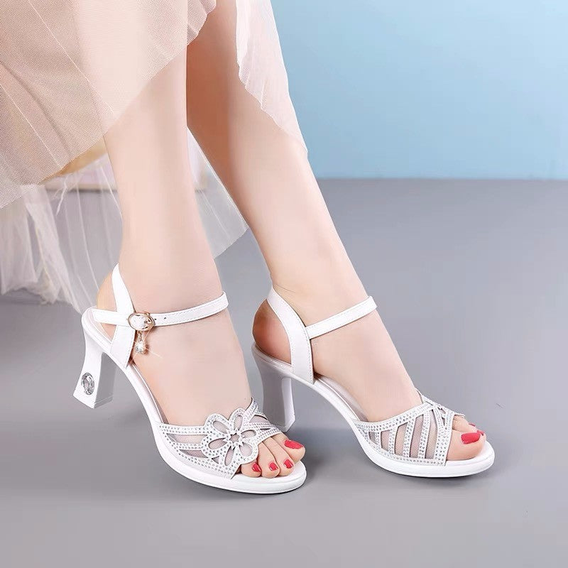 Chunky Heel Buckle High Heel Fish Mouth Sandals
