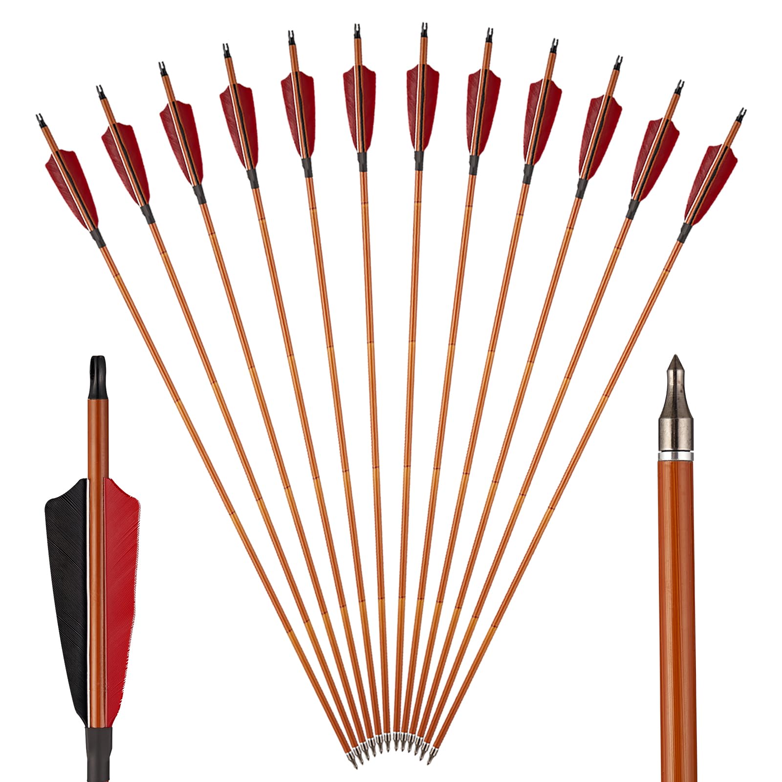 TOPARCHERY Premium 30" Carbon Hunting Arrows with 4" Real Turkey Feathers Fletching and Removable Tips - 500 Spine Practice Target Arrows for Compound & Recurve Bow Long Bow -12Pcs (Brown Shaft)