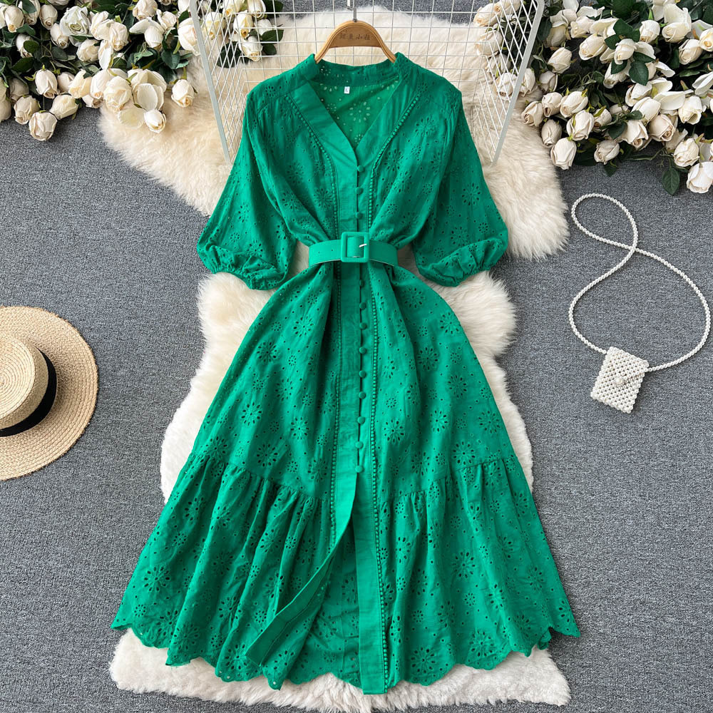 V-Neck Hollow Out Dress with Puff Sleeves and Embroidery