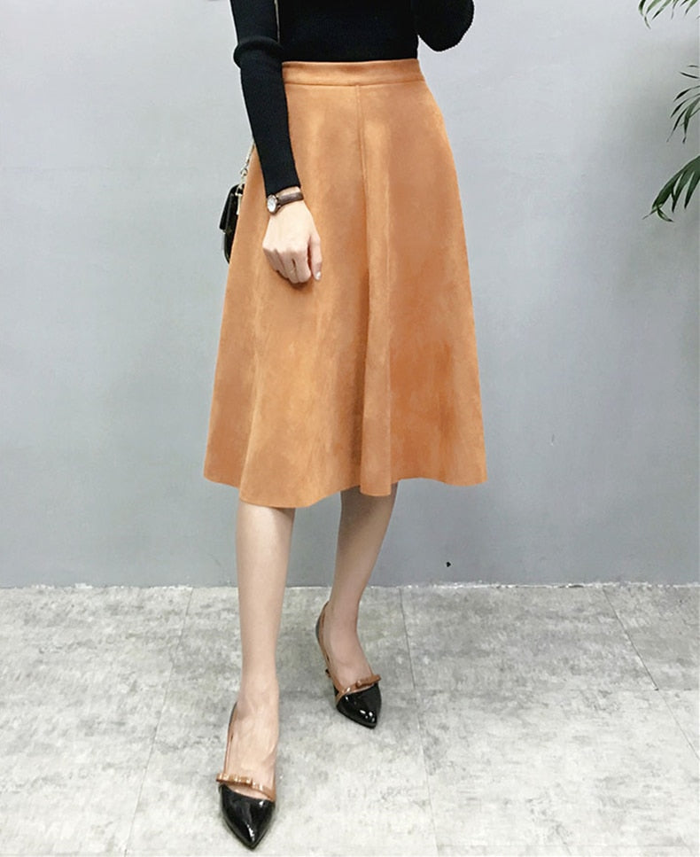 Suede Midi Skirt, High Waist Retro A-Line Women’s Skirt