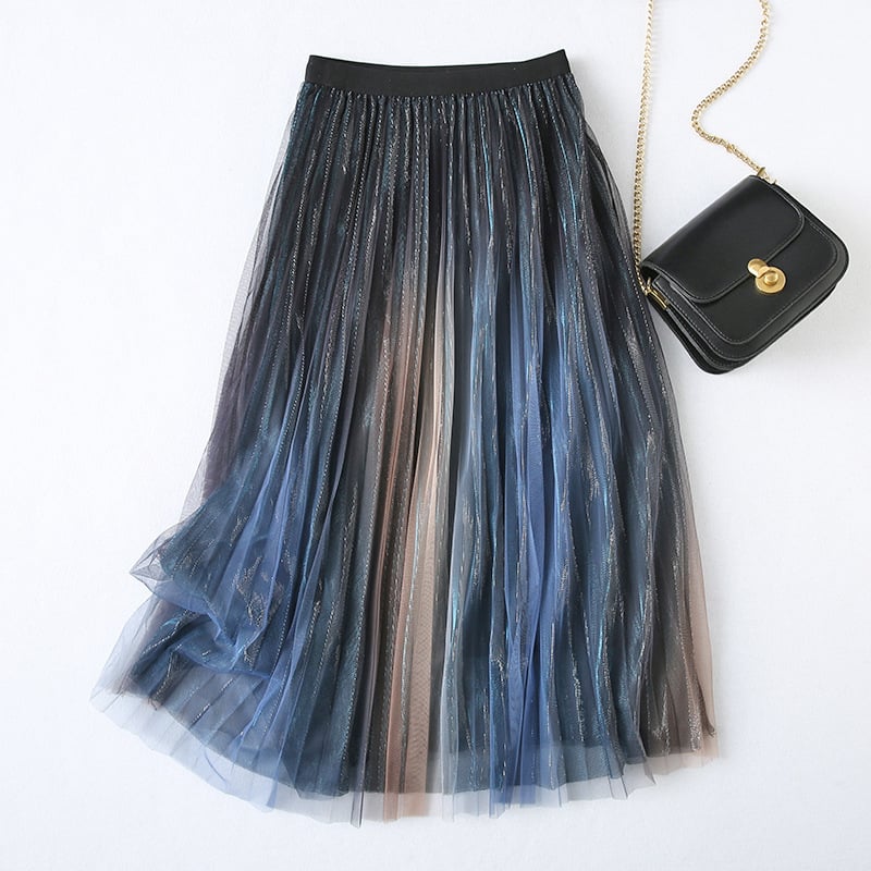 High Waist Slim A-Line Gradient Pleated Skirt