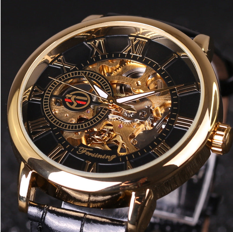 Hollow Design Manual Mechanical Watch with Leather Strap