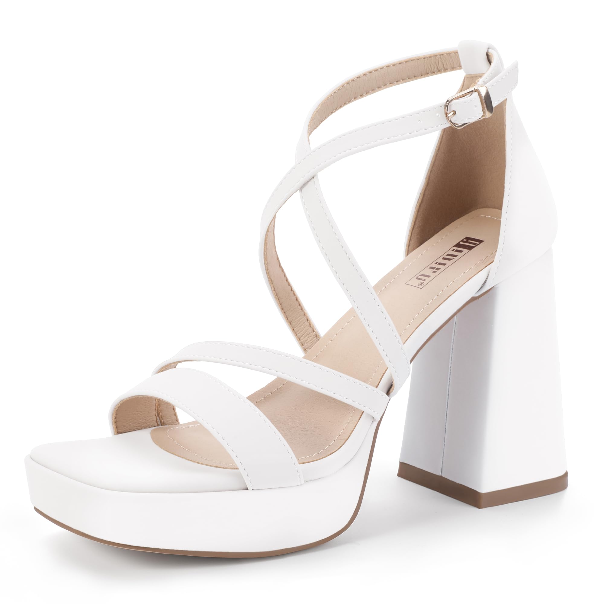 IDIFU White Platform Heels Chunky High Strappy Block Heels Dress Shoes for Women Square Open Toe Wedding Bridal Bride Dressy Cute Comfortable Heeled Sandals Ankle Strap Thick Heels(White Pu 11)