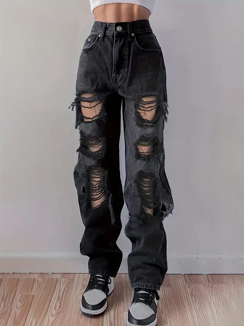 High Waist Ripped Straight Jeans with Slash Pockets