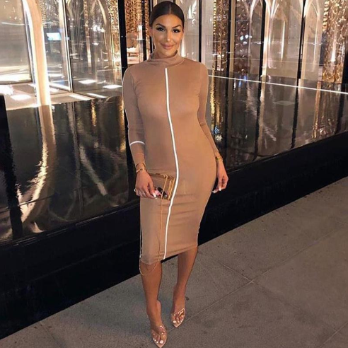Color Block Long Sleeve High Neck Maxi Dress