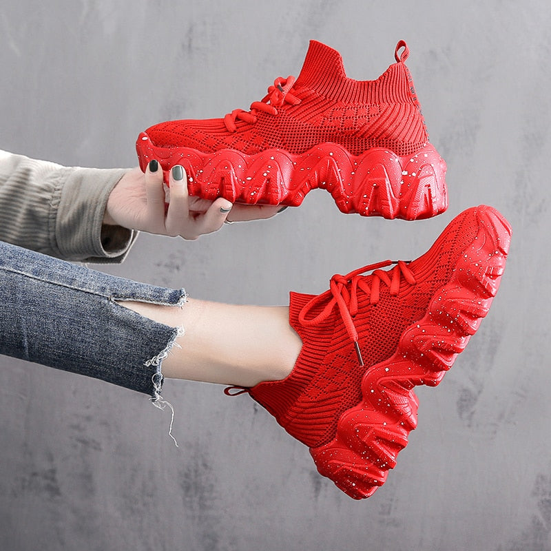Red Women's Breathable Platform Sneakers (Casual & Stylish)
