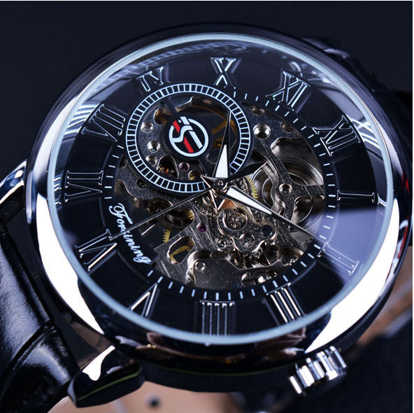 Hollow Design Manual Mechanical Watch with Leather Strap