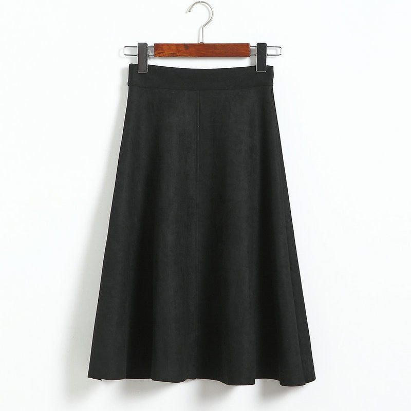 Suede Midi Skirt, High Waist Retro A-Line Women’s Skirt