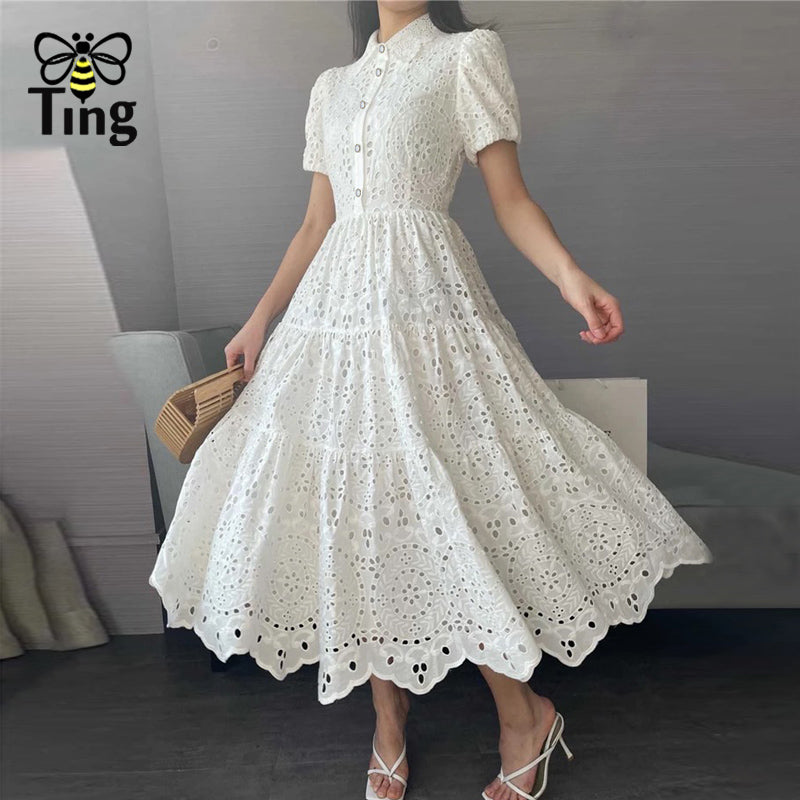 Bohemian Summer Dress with Embroidered Puff Sleeves