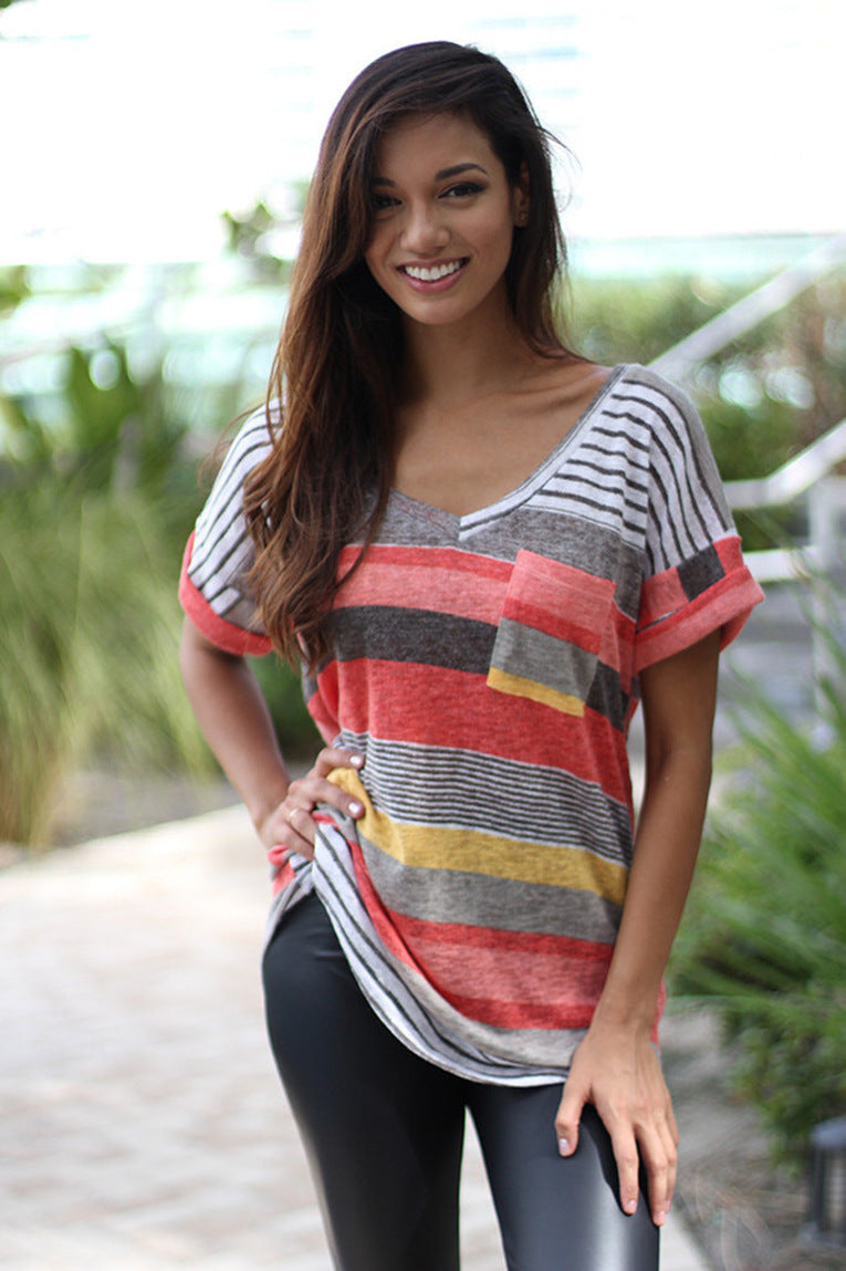 2018 Summer Women's Pocket Print Striped T-Shirt